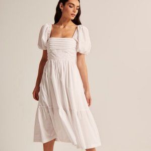 Abercrombie Ruched Puff Sleeve Poplin Midi Dress